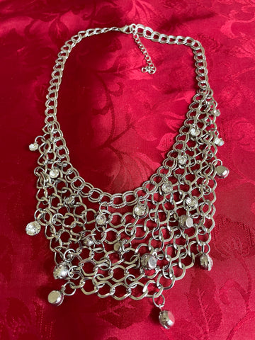 2000s Silver Tone Draped Chainmail Sparkling Rhinestone Accents Necklace