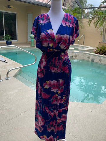 Hawaiian Smocked Floral Poly Party Evening Beach Summer Beach Maxi Dress M