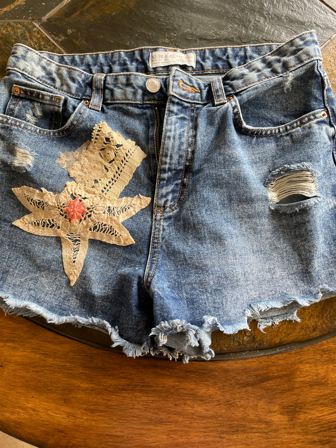 90s Blue Cotton Denim Reloved Vintage Antique Embellishment Tattered Shorts S