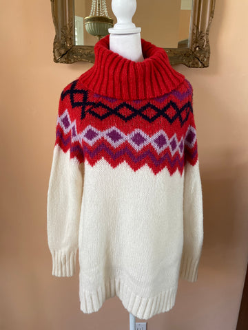 Cozy Winter Knit Sweater Red White Turtleneck Lg
