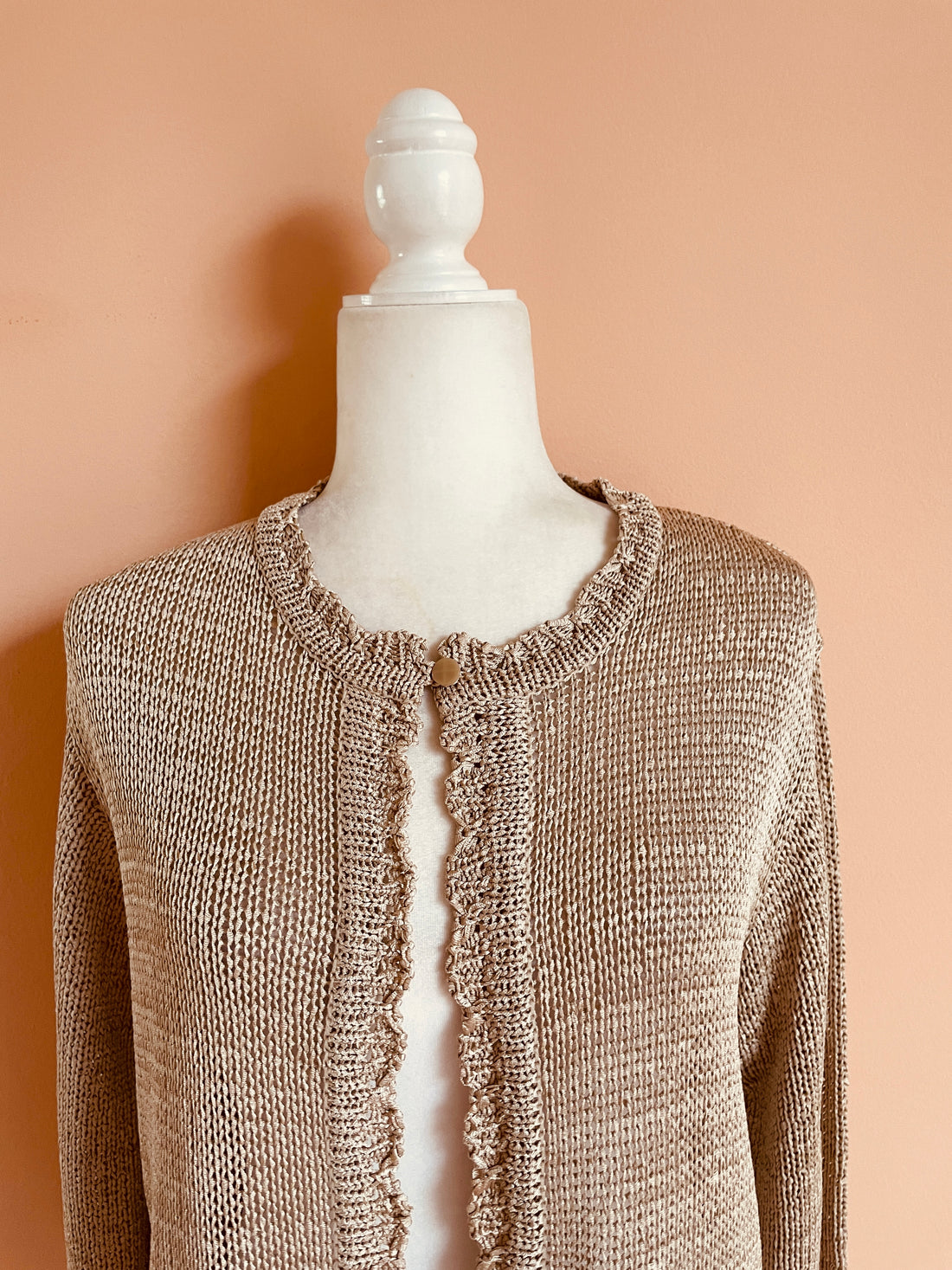 90s Vintage Beige Linen Cotton Blend Button Ruffled Neck Cardigan Sweater M