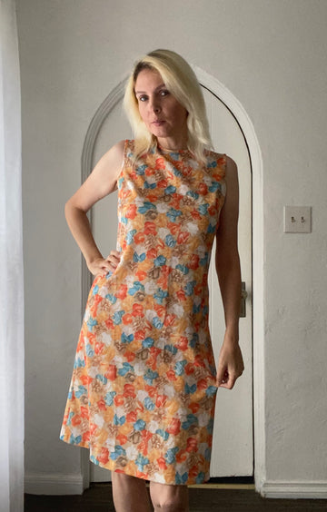 70s Handmade Colorful Floral Print Knee Length Sleeveless Dress M