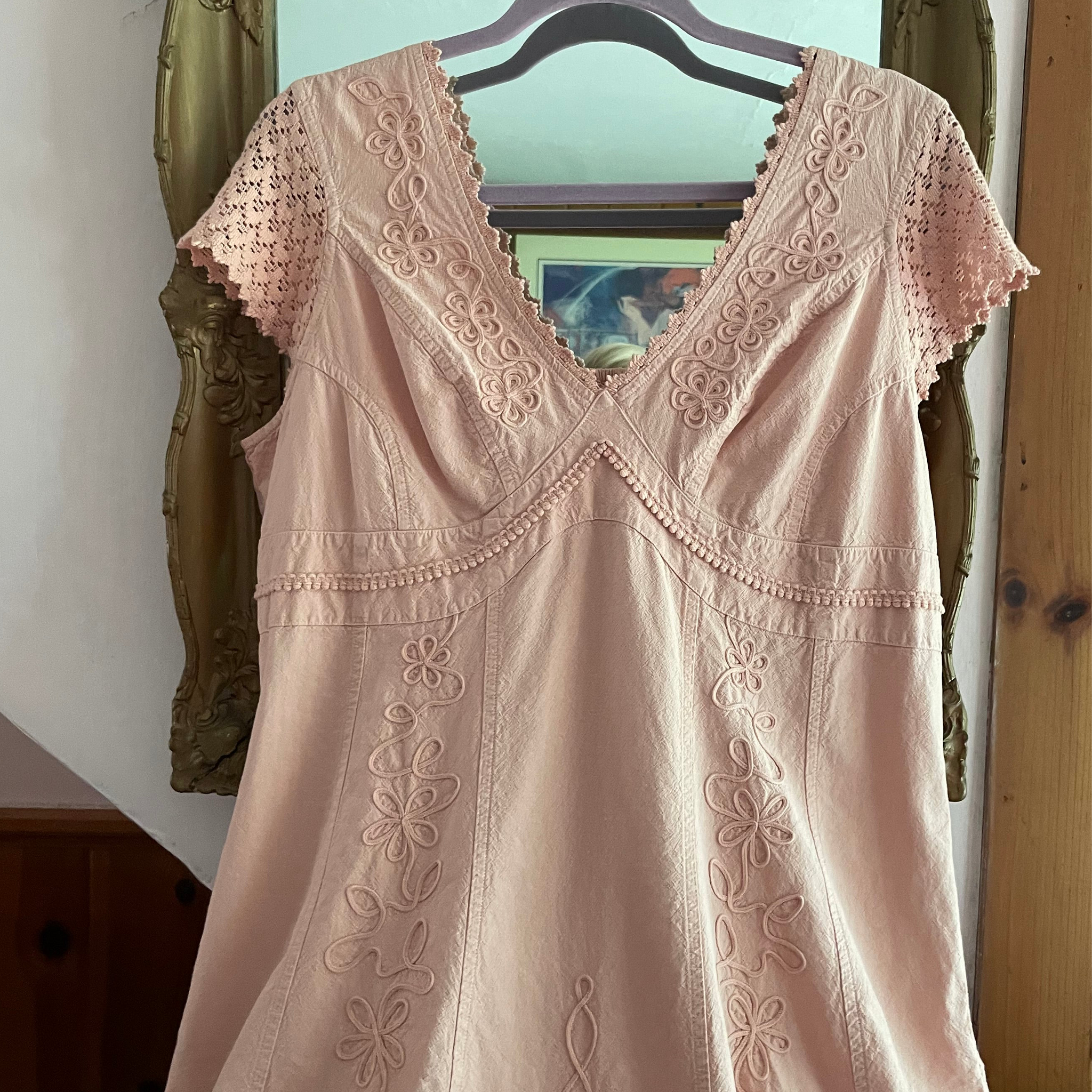 Decorative Pink Floral Lace V Neck Cotton Dress Lg