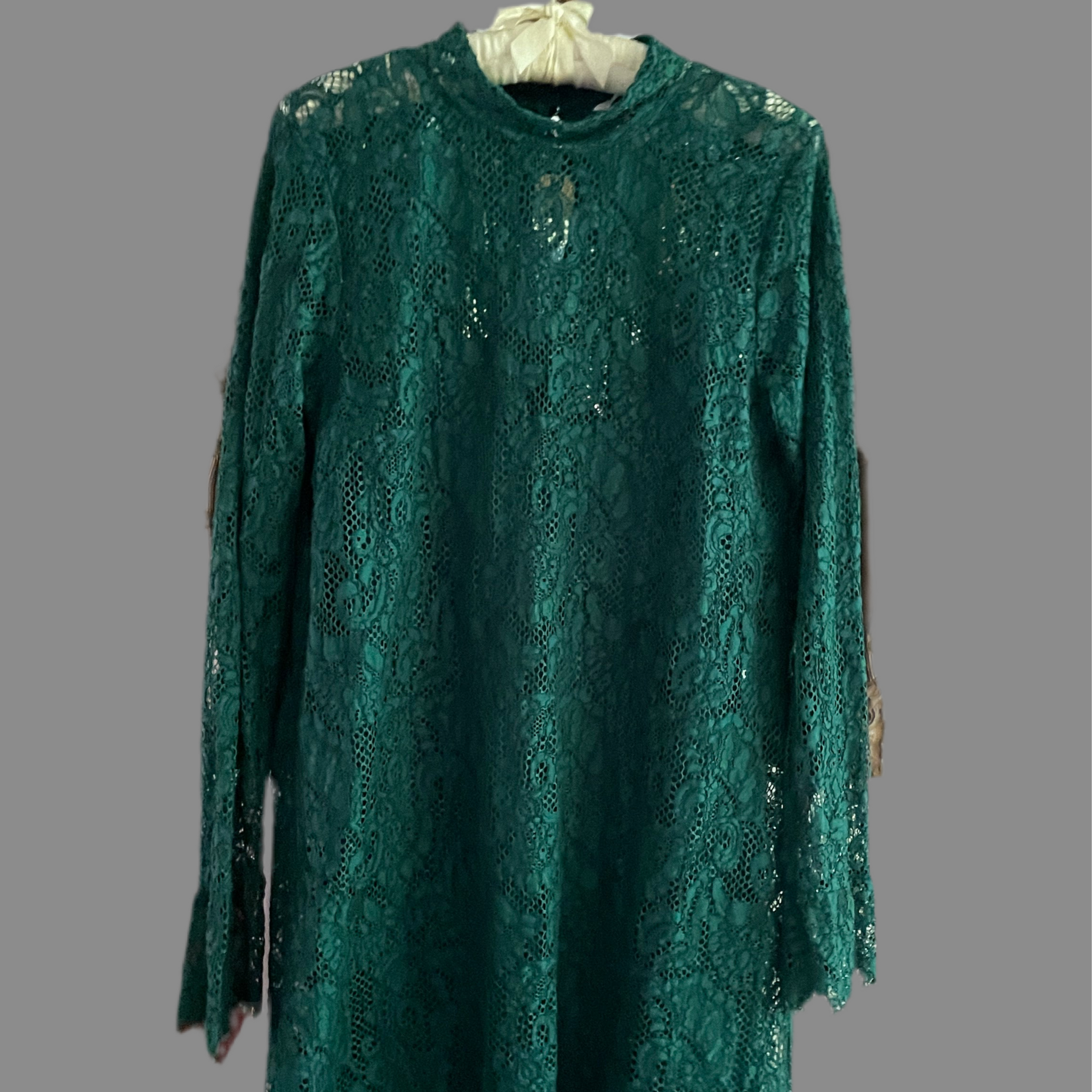 2000s Green Lace Bell Sleeve Cotton Blend Mini Evening Mini Dress M
