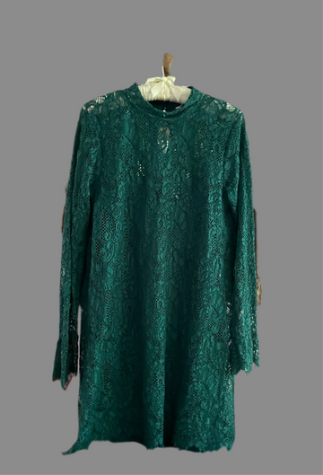 2000s Green Lace Bell Sleeve Cotton Blend Mini Evening Mini Dress M