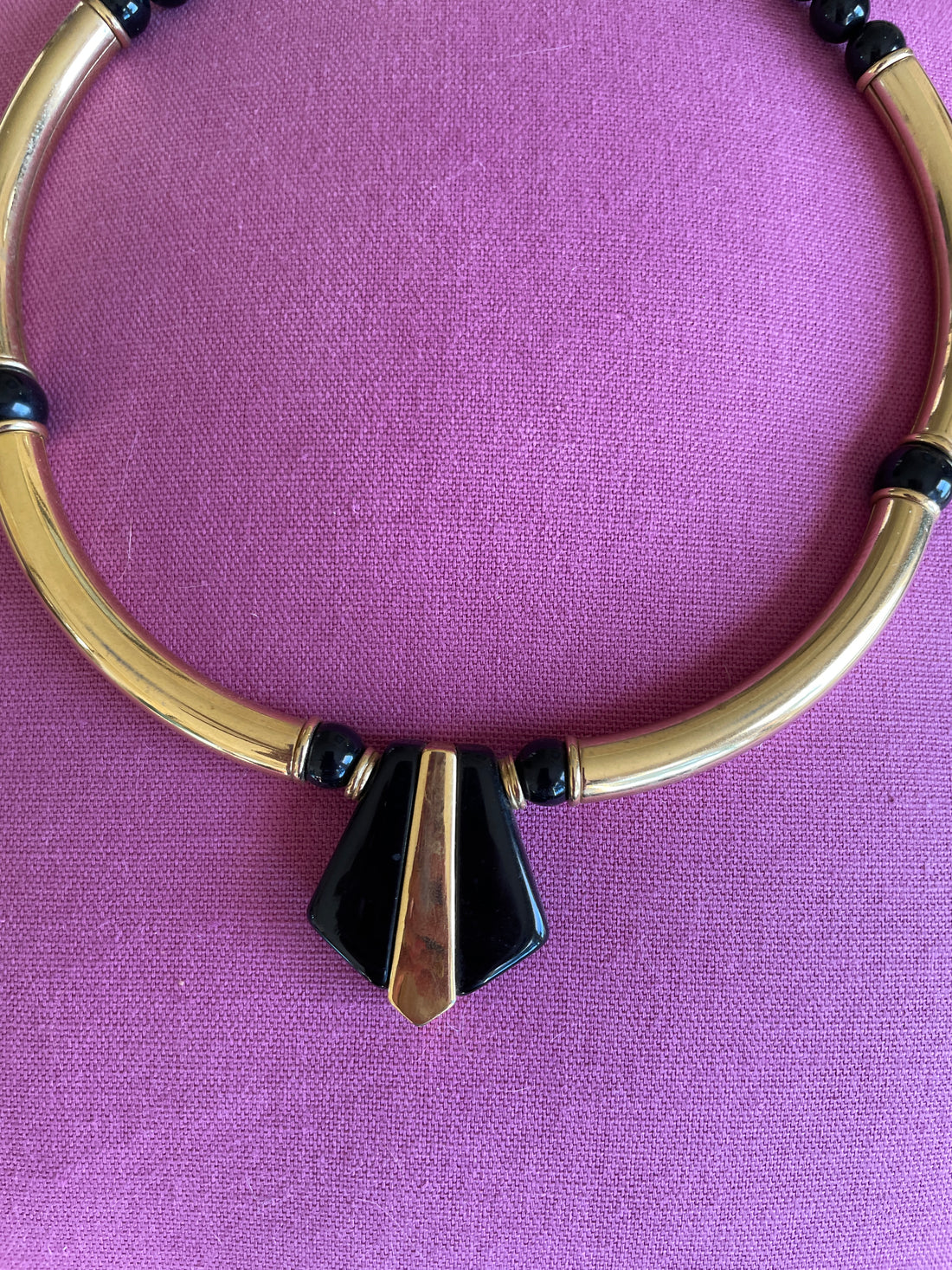 80s Art Deco Style Gold Brass Tubular Black Cabochon Statement Choker Necklace