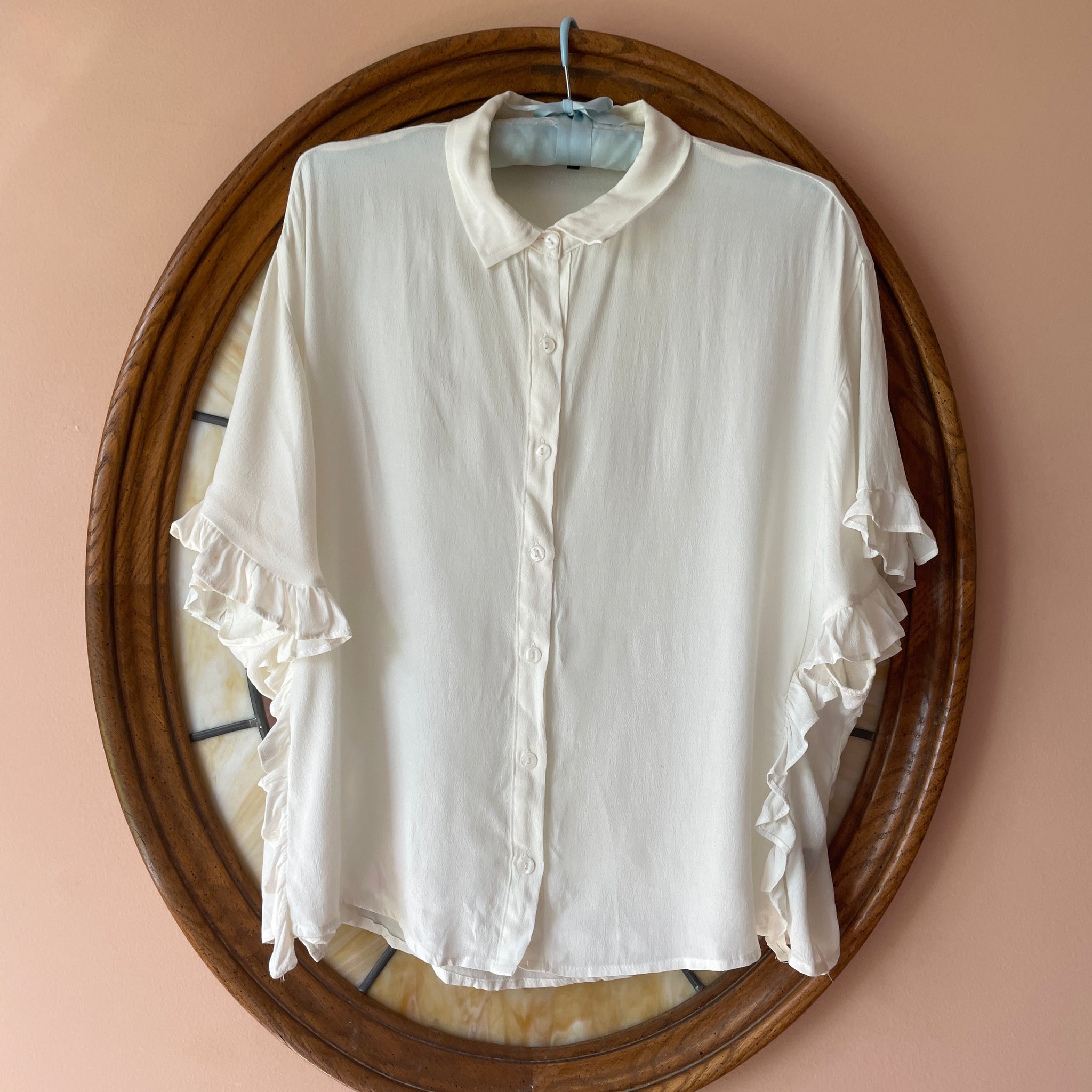 2000s Annabelle Rayon Blend White Button Ruffled Loose Fit Blouse Top S