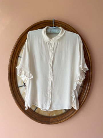 2000s Annabelle Rayon Blend White Button Ruffled Loose Fit Blouse Top S