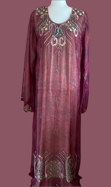 Divine Handmade Sheer Burgundy Vintage Beaded Evening Dress or Hostess Caftan L