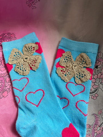 Blondes in Heaven Blue Crochet Flower Heart Socks
