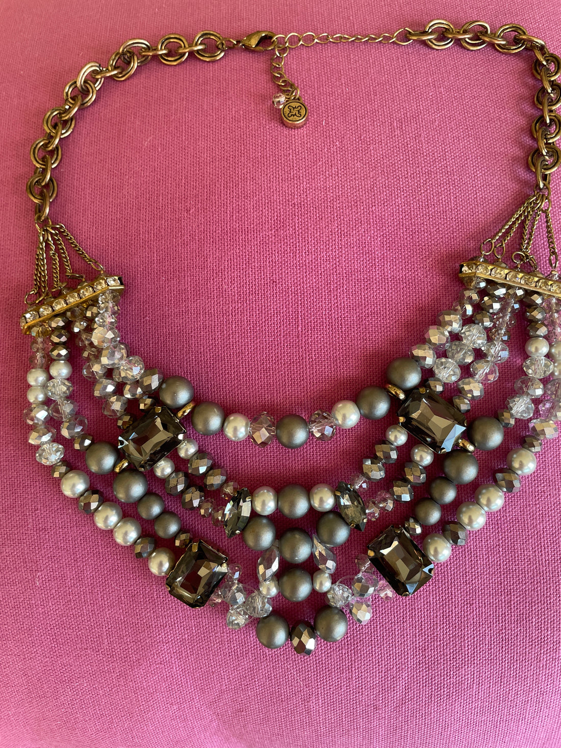 90s Vintage Gold Tone Gray Glass Acrylic Beads Rhinestones Glam Necklace