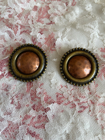 Vintage 80s Bronze Tone Button Clip Earrings