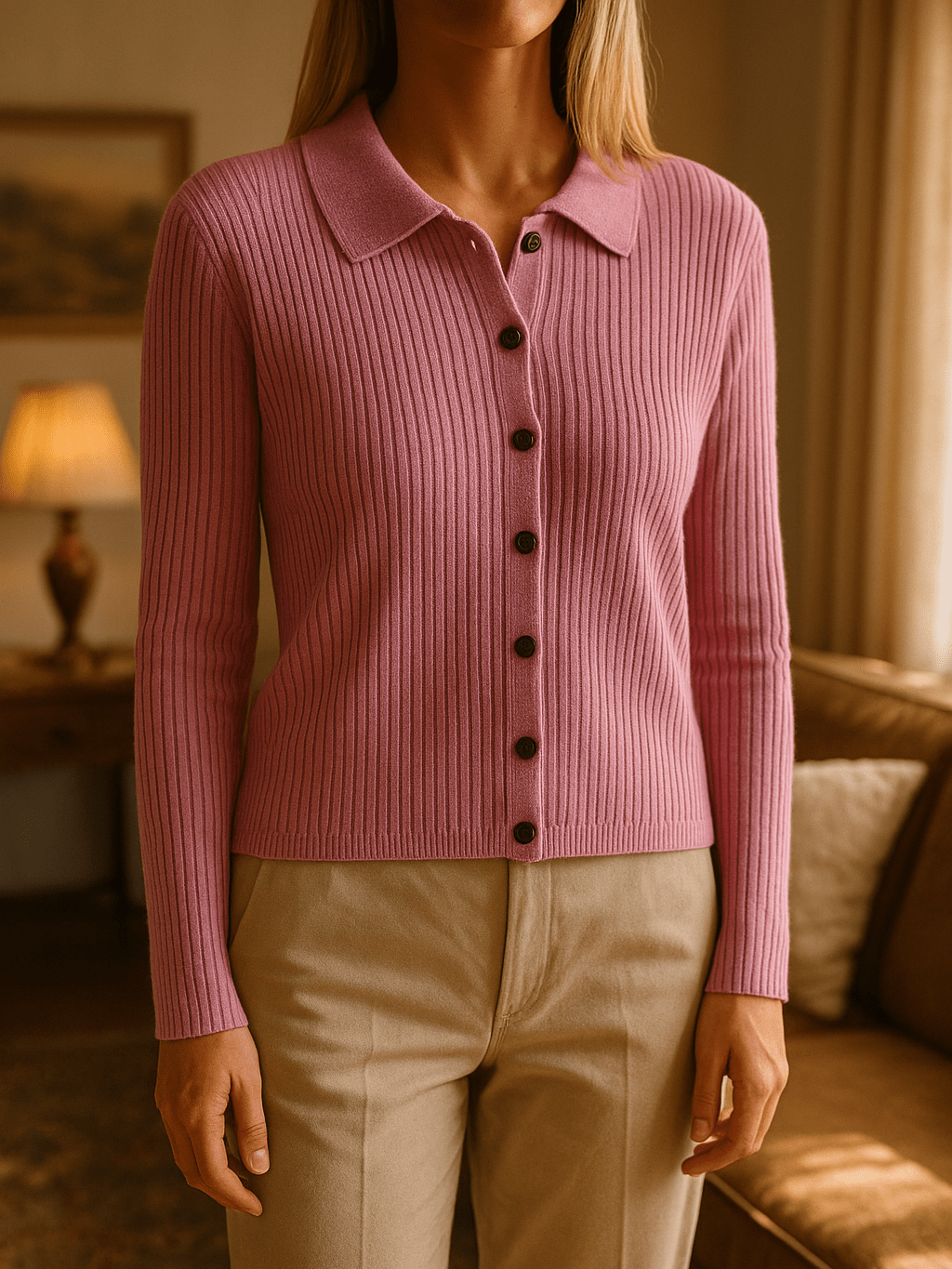80s Vintage Button Down Pink Ribbed Cardigan Sweater S/M