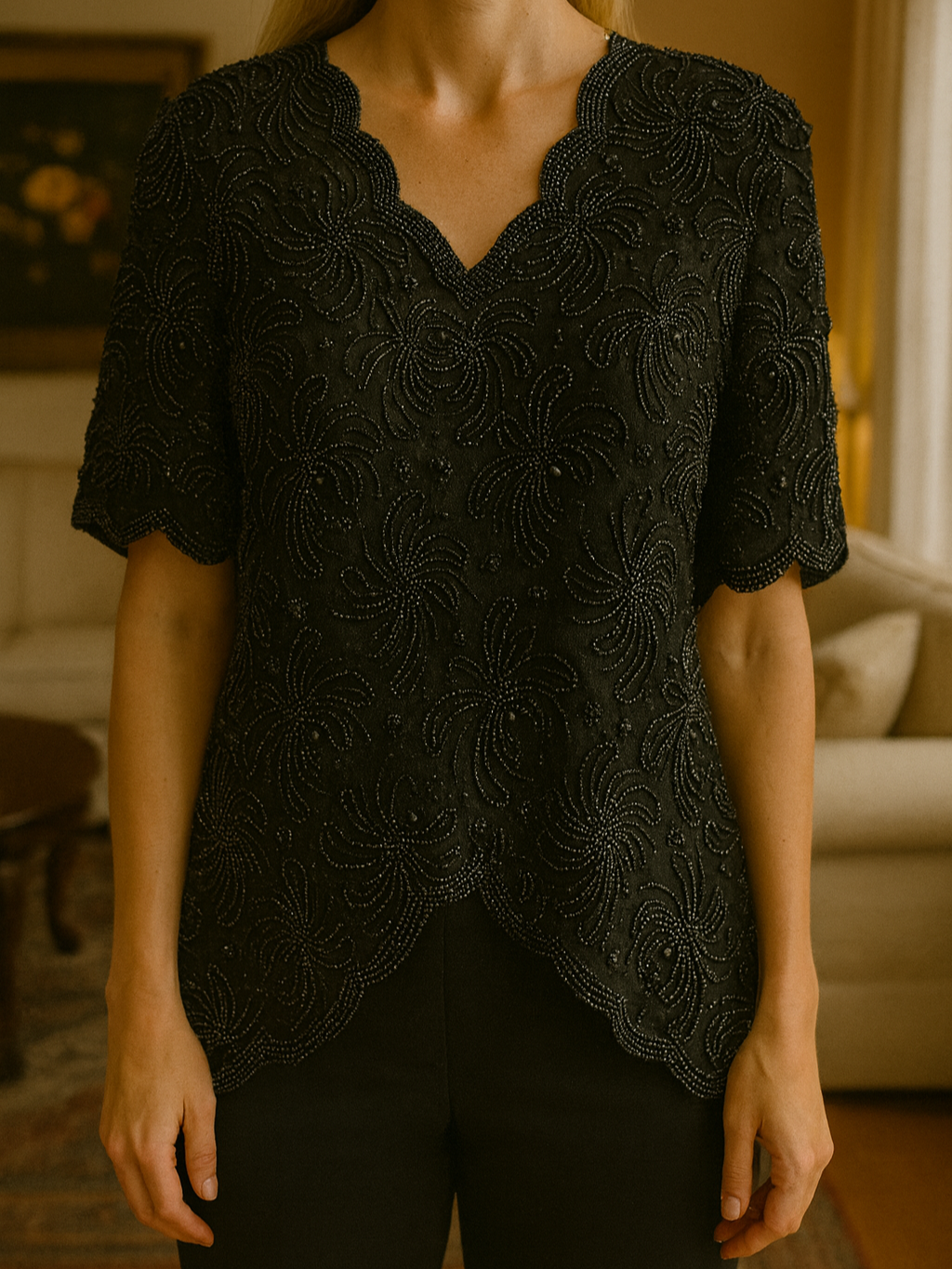 80s Vintage Hand Beaded Floral Exquisite Evening Top M