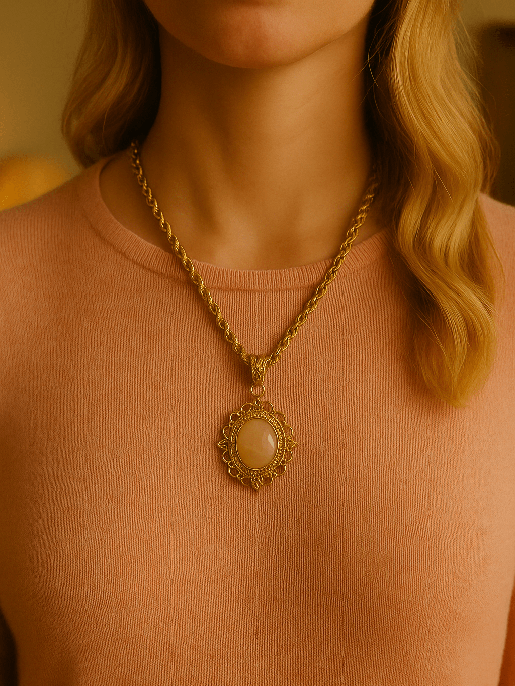 80s Vintage Pink Rose Quartz Gold Plated Chain Lovely Pendant Necklace