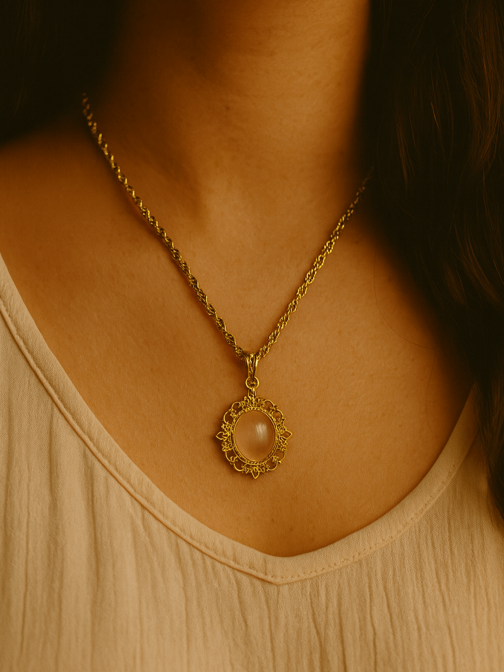 80s Vintage Pink Rose Quartz Gold Plated Chain Lovely Pendant Necklace