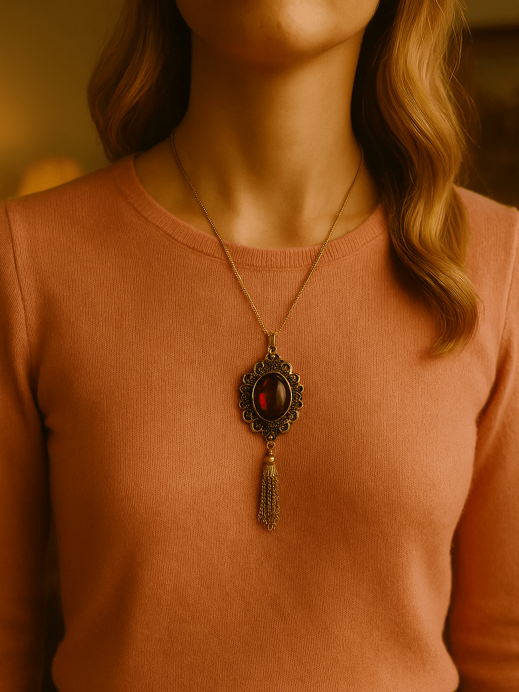 80s Vintage Red Glass Tassel Pendant Necklace.