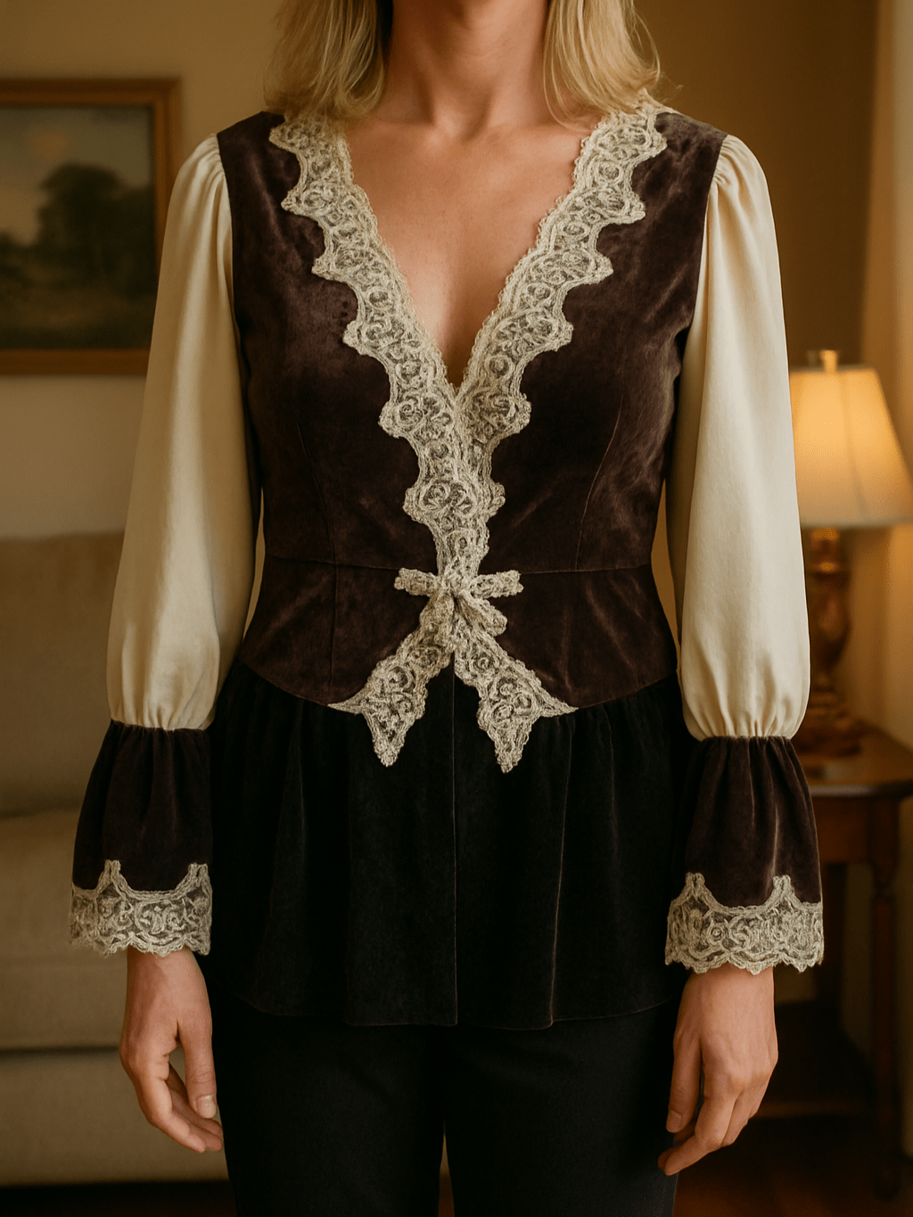 80s Vintage Velvet Sparkling Lace Pullover Renaissance Top X/L