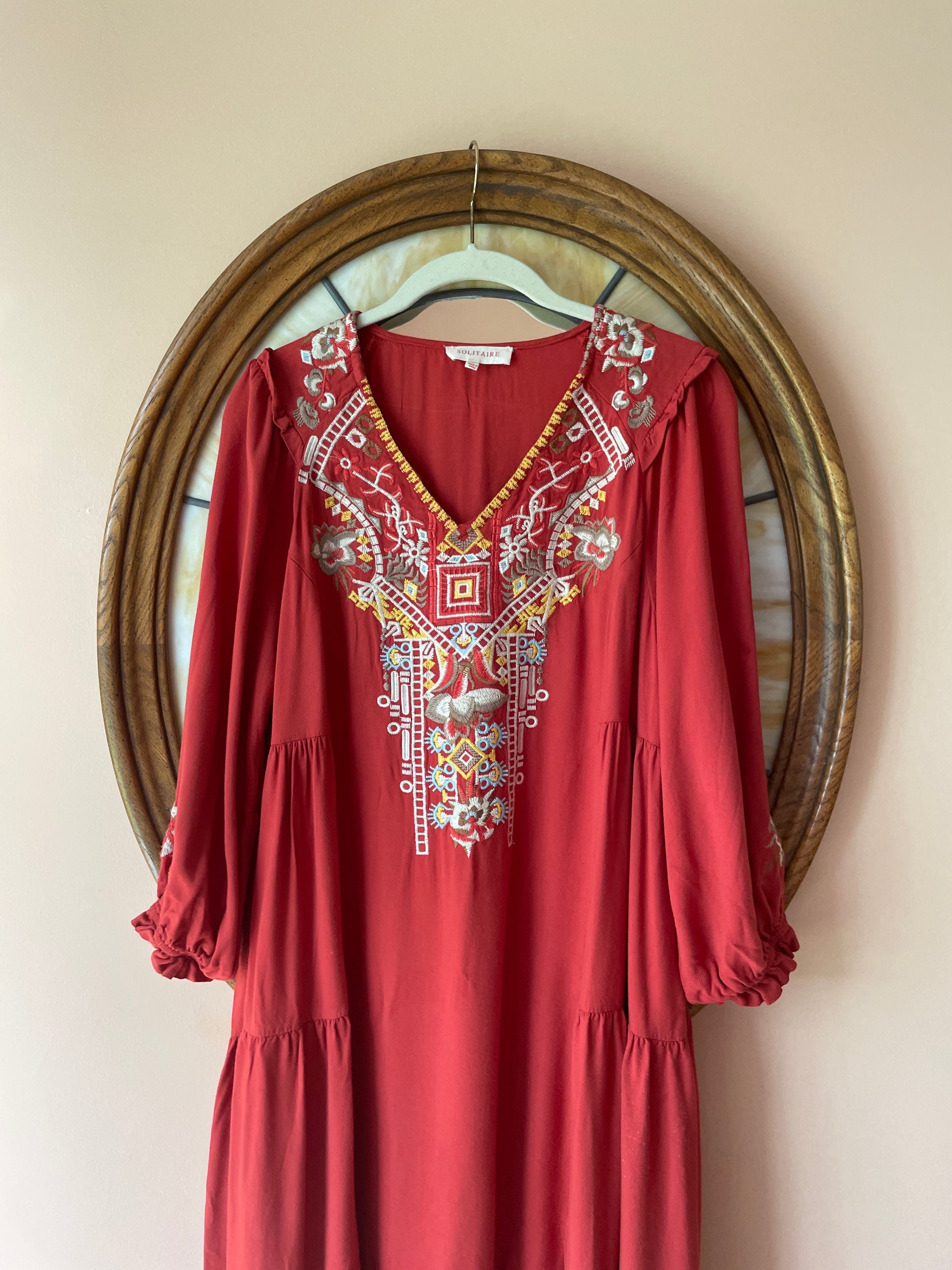  2000s 100% Soft Rayon Embroidered Rust Ruffled Casual Boho Midi Dress L