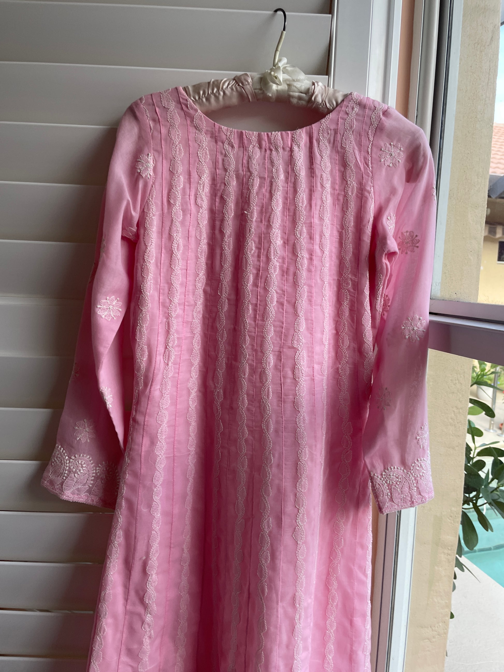  90s Sweet Pink Embroidered Cotton Handmade Boho Midi Tunic Dress Sm