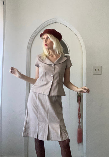 80s Vintage Beige Poly 2 Piece Skirt Suit S/M