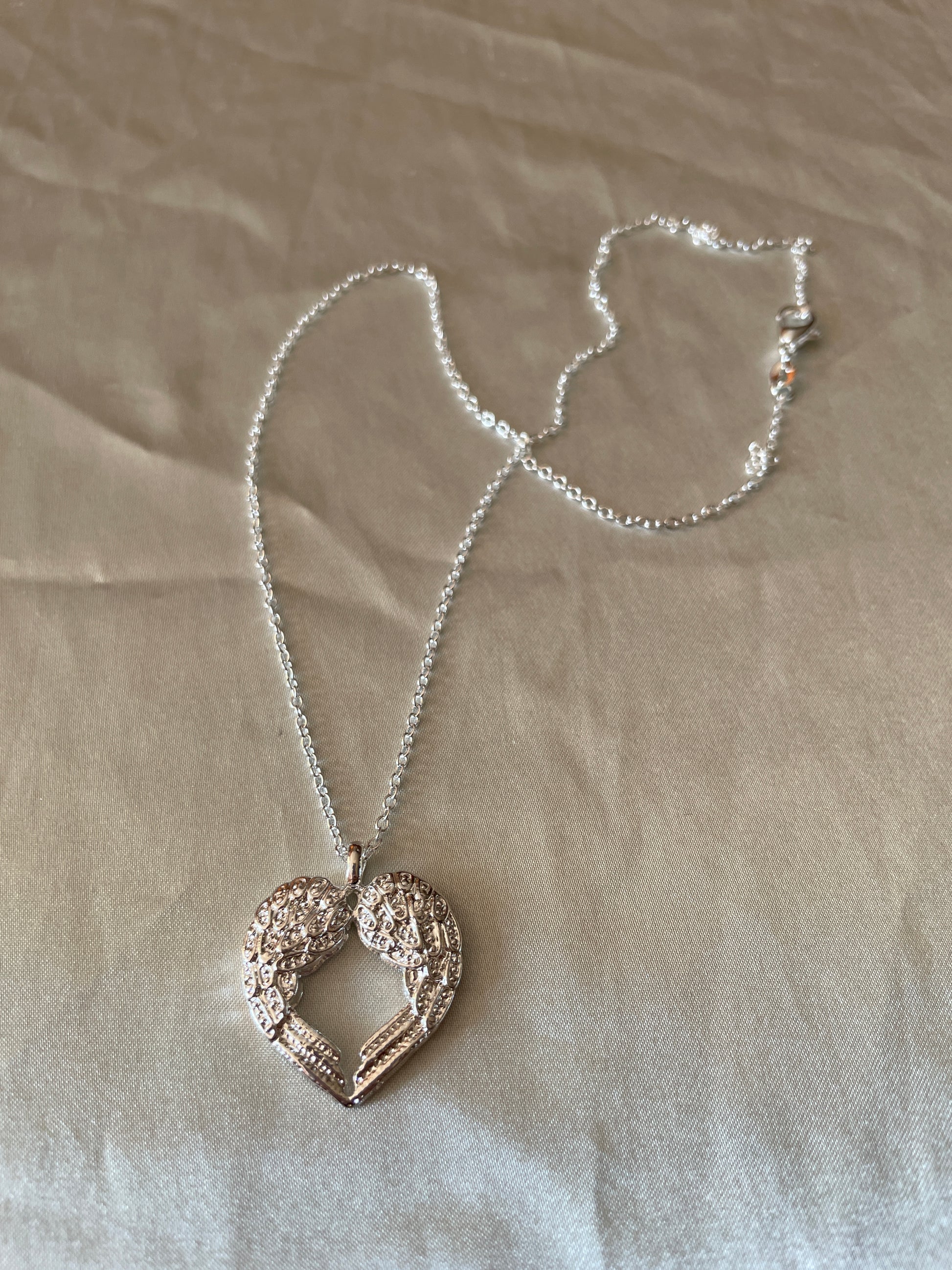  2000s Silver Plated Angel Wing Heart Pendant Necklace