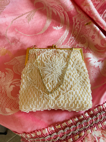 60s Vintage Pretty White Beaded Chain Handle Purse