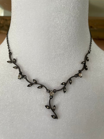 Delicate Black Winding Leaf Vine Clear Crystals Elegant Necklace