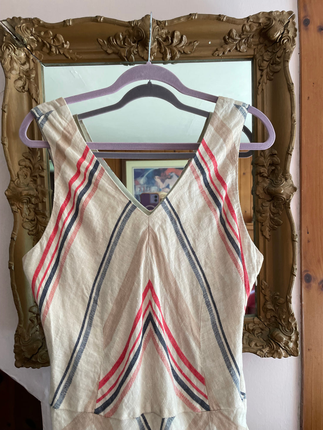 Summer Casual 100% Linen Stripe Sleeveless Flare Midi Dress M