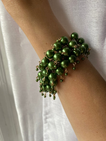 70s Signed Japan Green Glass Dangling Beads Cha Cha Bracelet