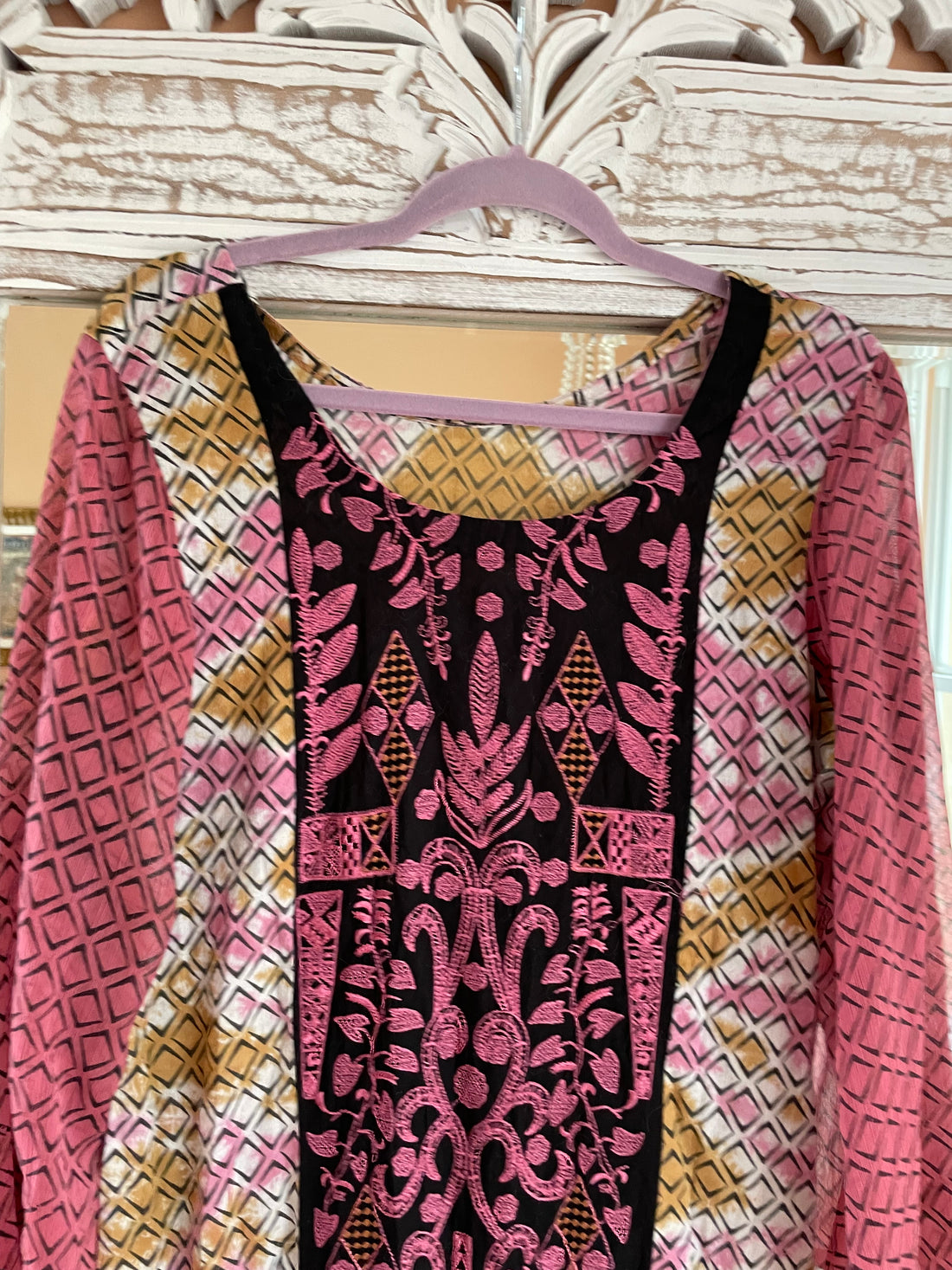 Mix of Prints Lace Embroidery Side Slits Lounge Beach Maxi Caftan Dress M/L