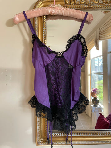 Vintage 80s Silky Purple Black Lace Lingerie Cami. M
