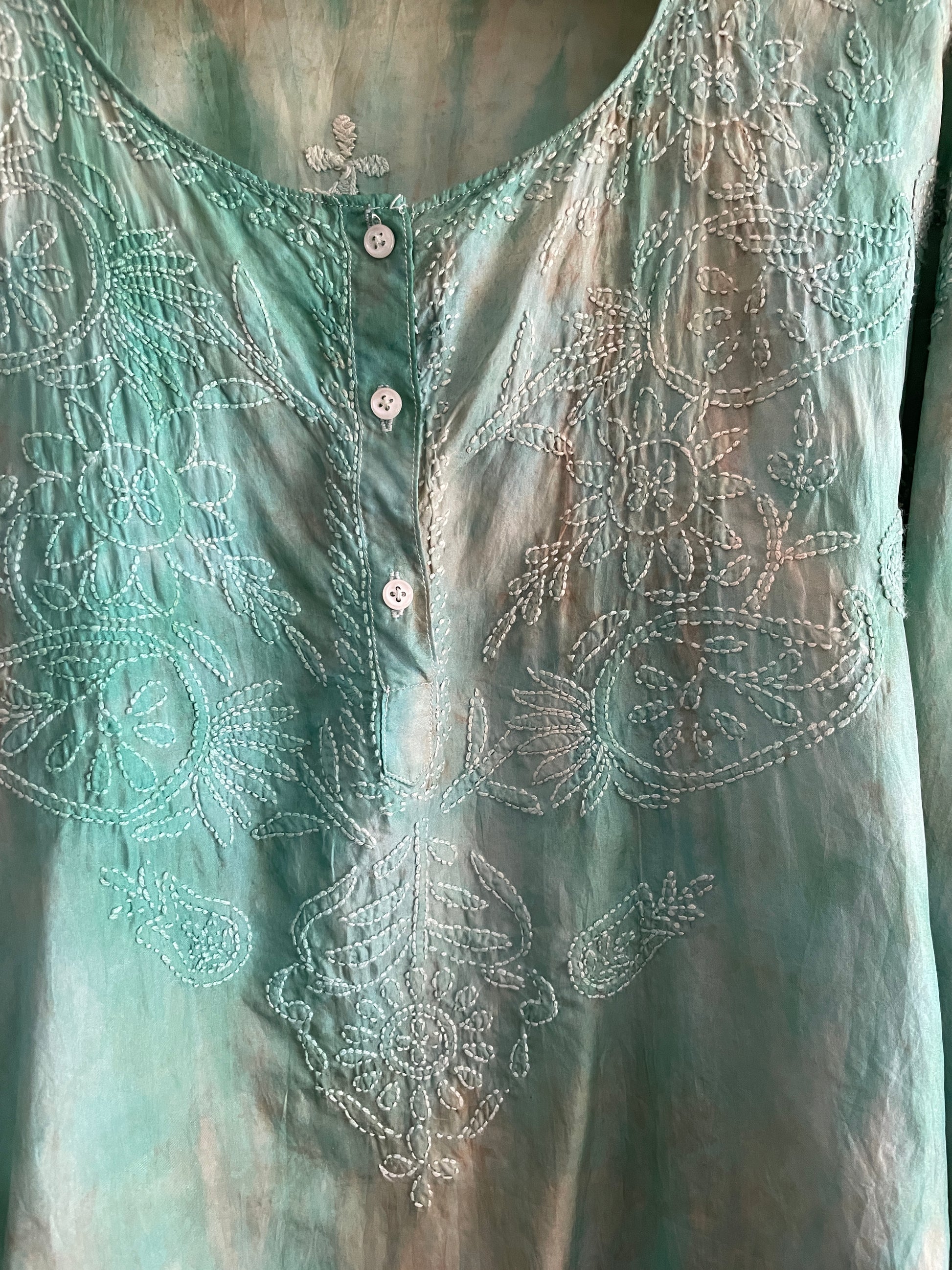  2000s Green Silk Space Dye Embroidered Boho Casual Top L