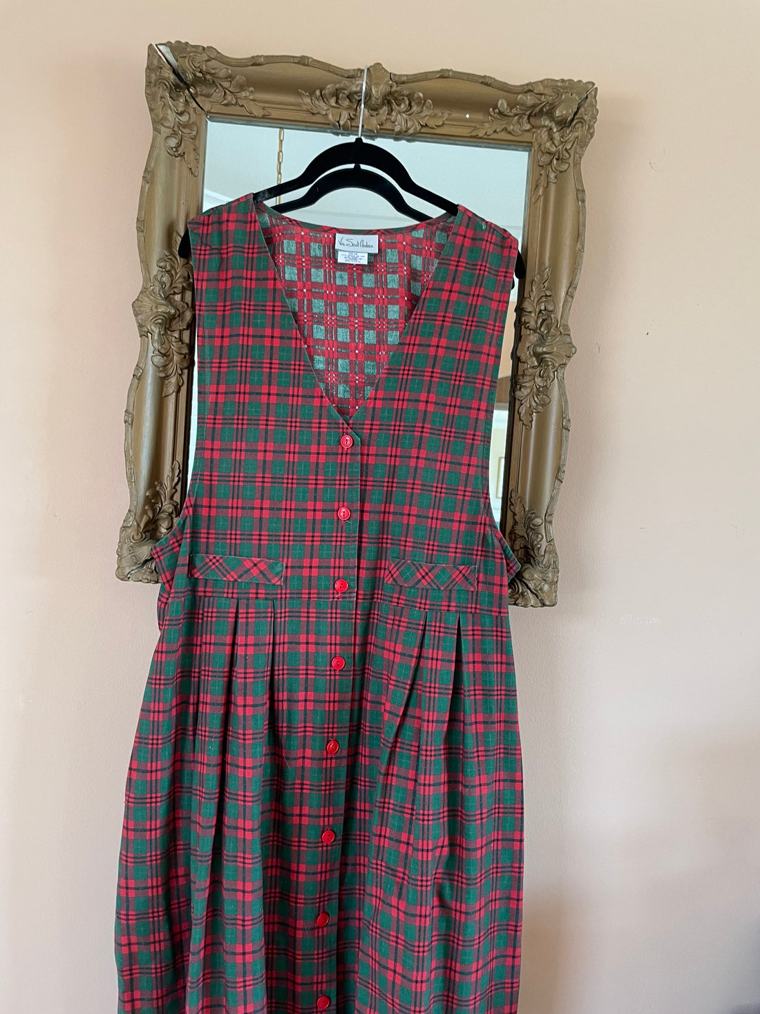 90s Vintage Passion for Plaid Button Front Side Pockets Midi Jumper Dress M
