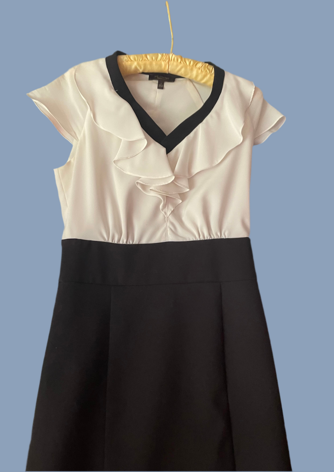 90s Black White Ruffled Poly Cap Sleeve Dress Sm