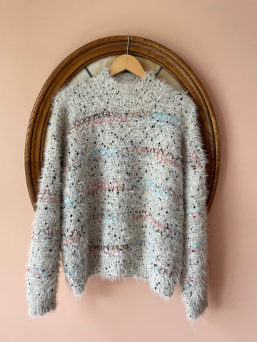 2000s Unique Cozy Acrylic Poly Blend Textured Knit Chunky Shaggy Pullover Sweater L