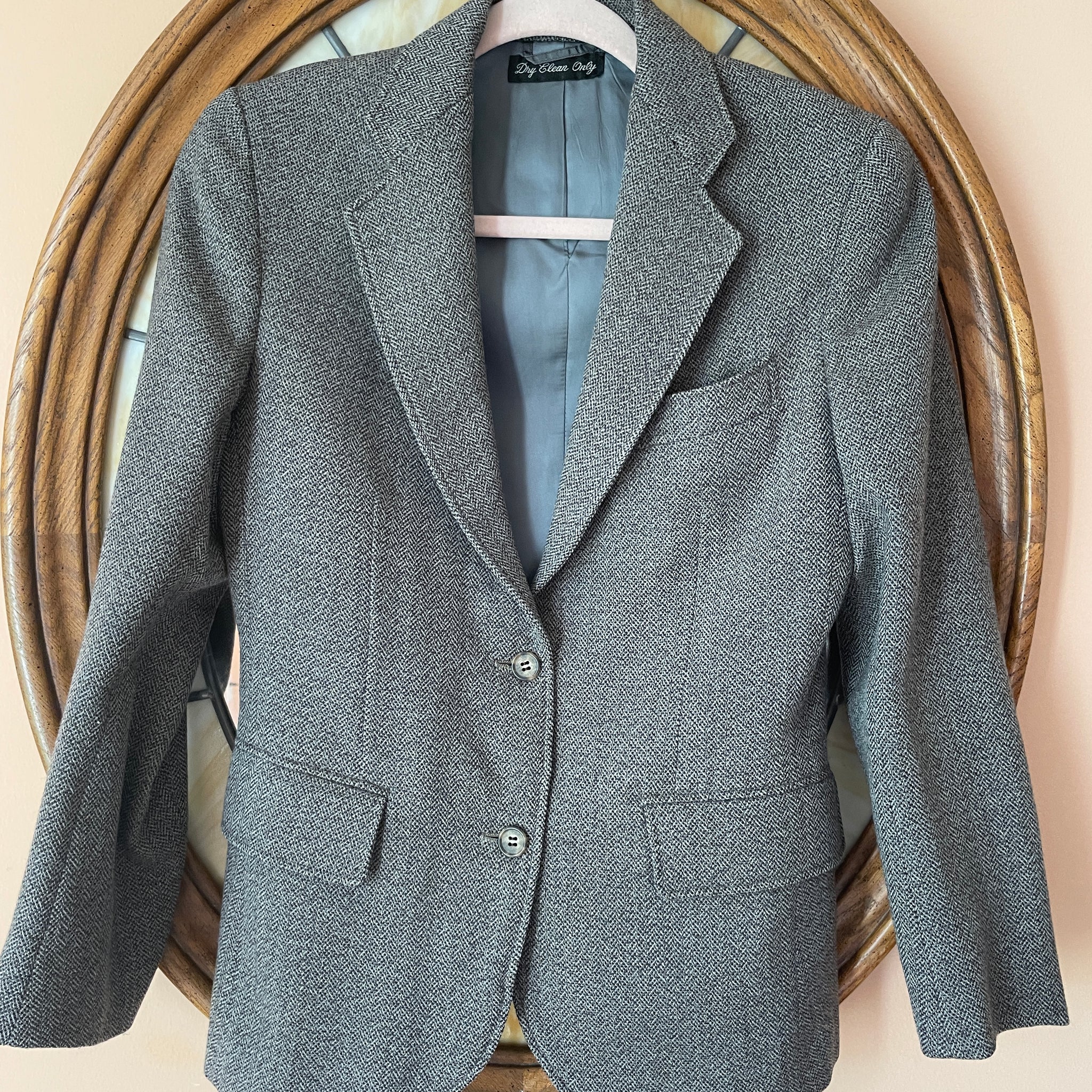 80s Vintage Grey Wool Blend Button Front Lined Tailored Jacket S