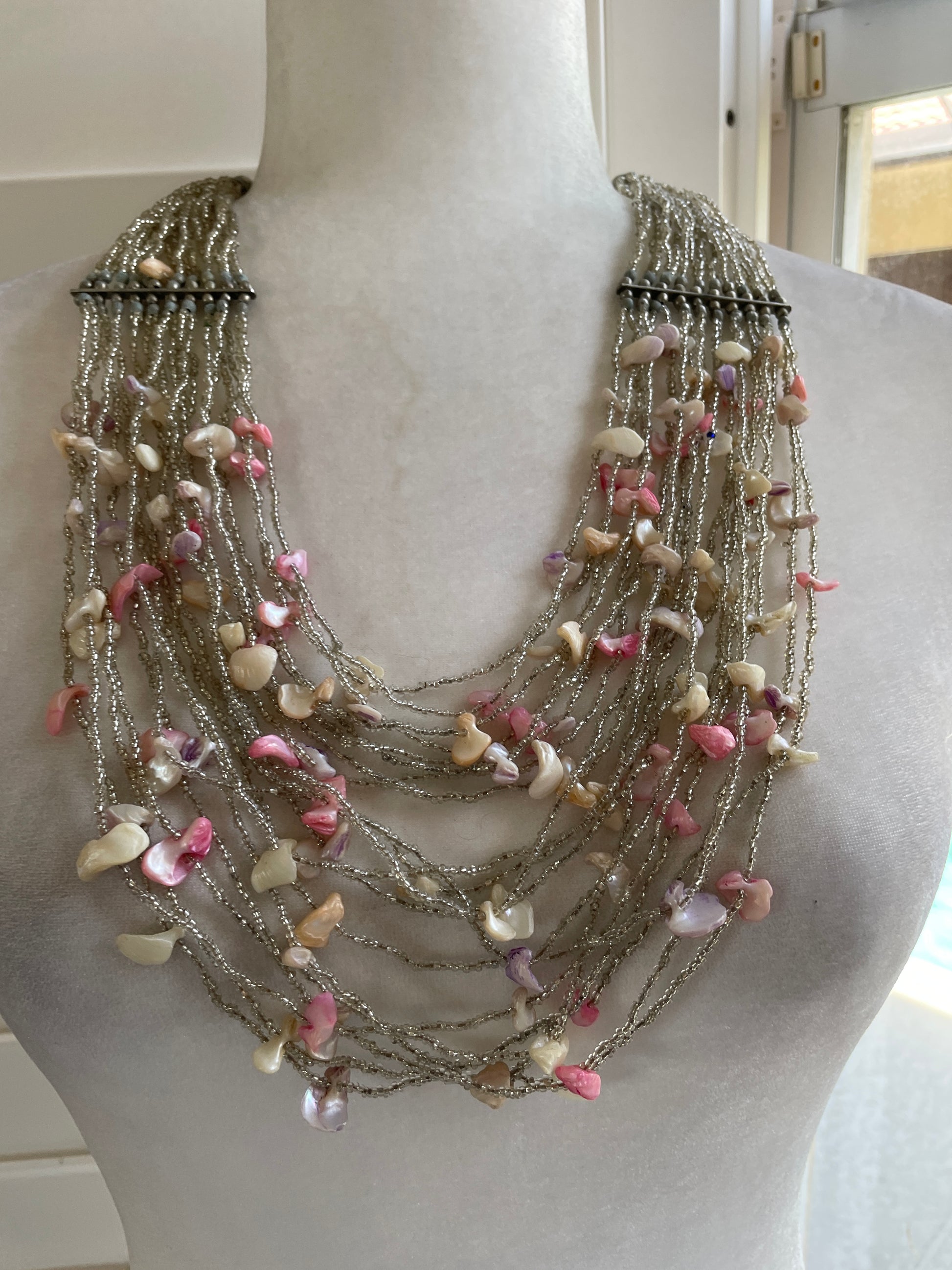  Hand Crafted 2000s Beads & Shells Draped Bib Statement Necklace