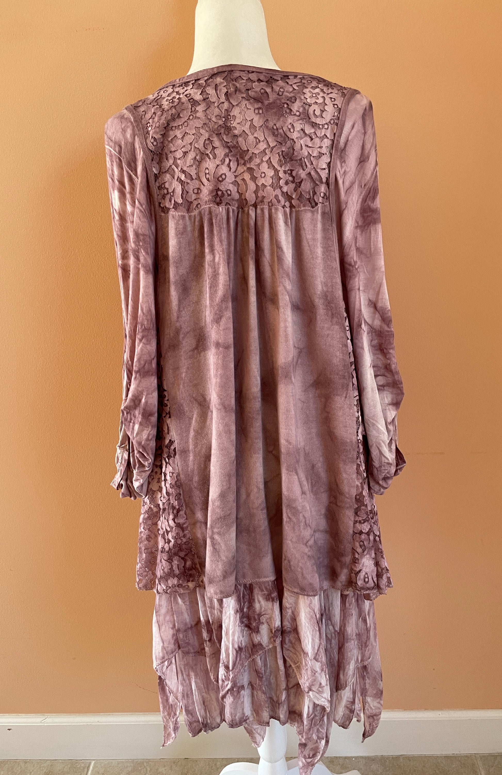  Made in Italy 2000s Tye Dye Draped Lace Lavender Boho Dress M