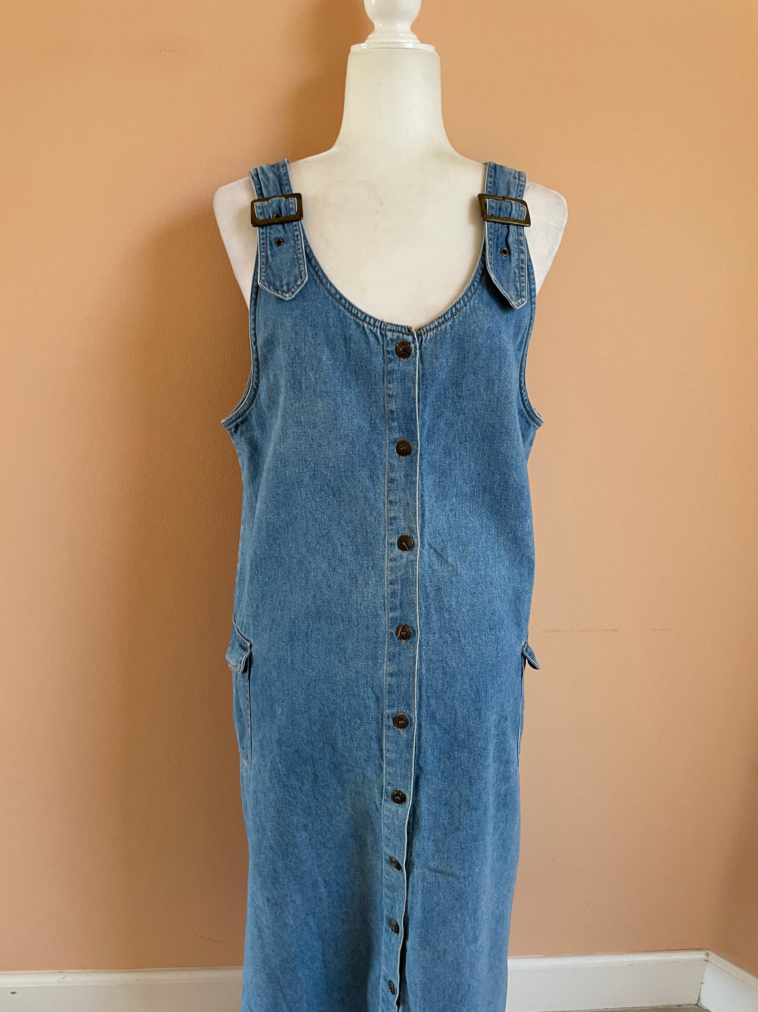 90s Vintage 100% Cotton Denim Button Front Pockets Buckle Strap Jumper Strap. M