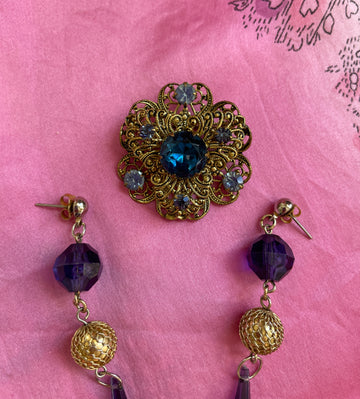70s Blue Glass Brooch Purple Earring Set