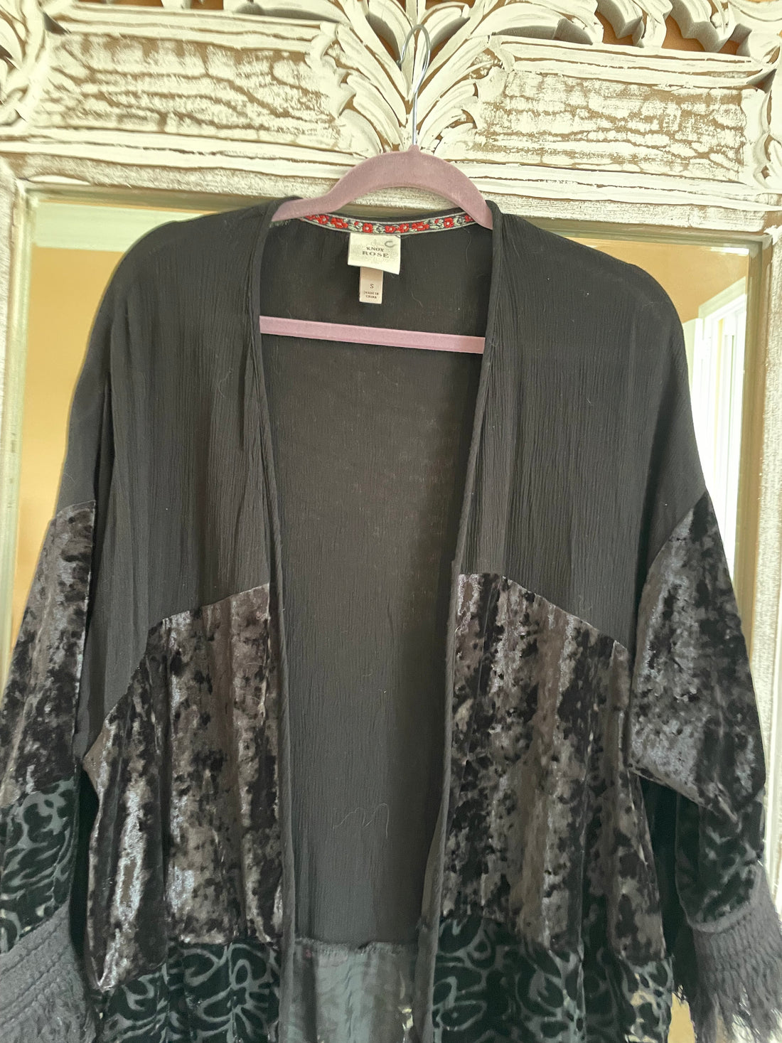 Black Velvet Fringed Open Front Boho Style Jacket Top M