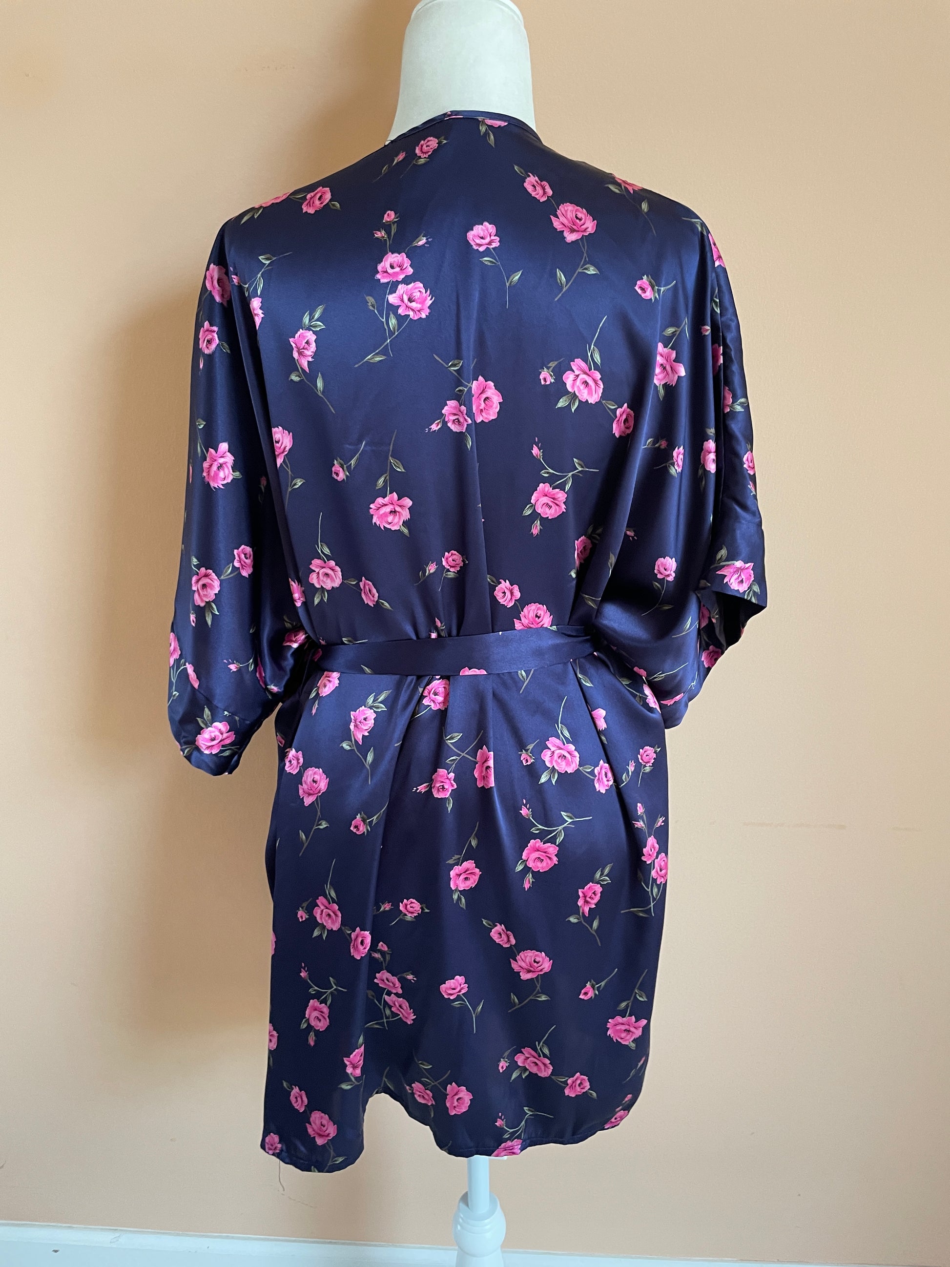  90s Navy Pink Floral Print Silky Lounge Lingerie Wrap Robe M