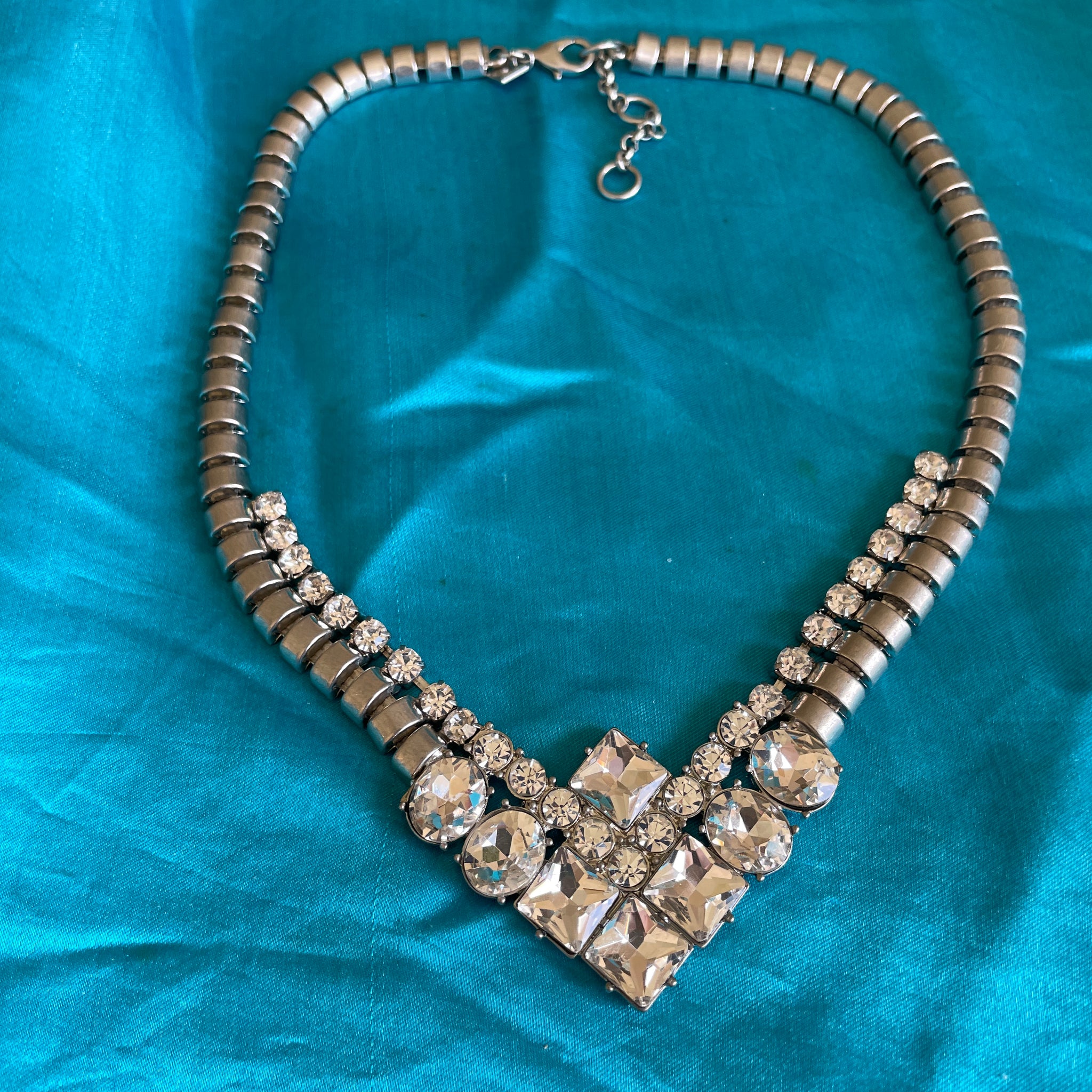 90s Vintage Banana Republic Silver Tone Box Chain Rhinestone Necklace