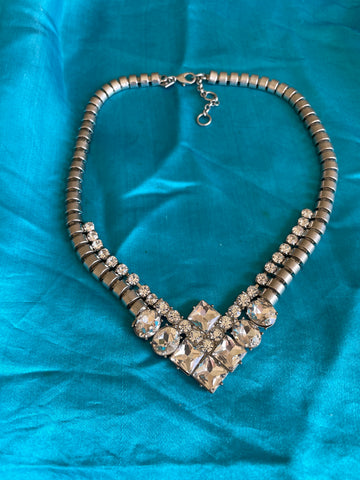 90s Vintage Banana Republic Silver Tone Box Chain Rhinestone Necklace