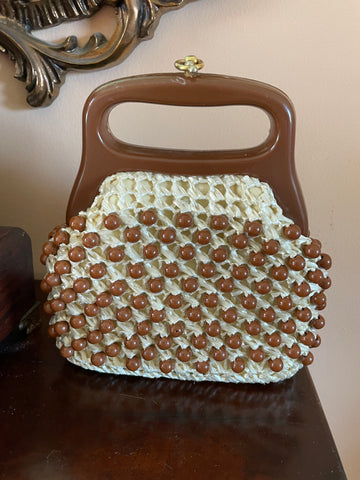 Vintage Italian Style Woven Beaded Lined Gold Tone Clasp Small Purse