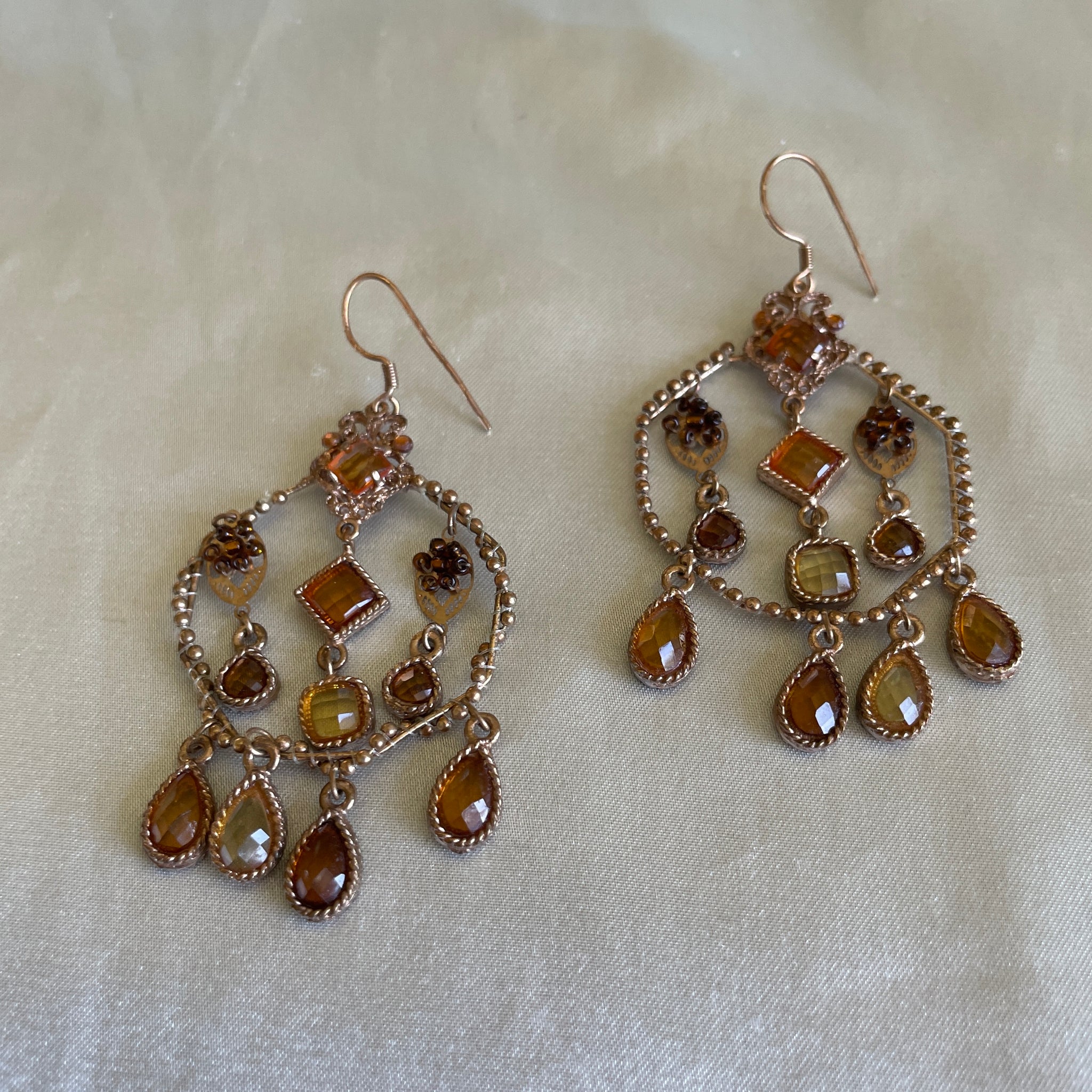 Handcrafted 90s Dangling Amber Glass Beads Boho Pierced Earrings