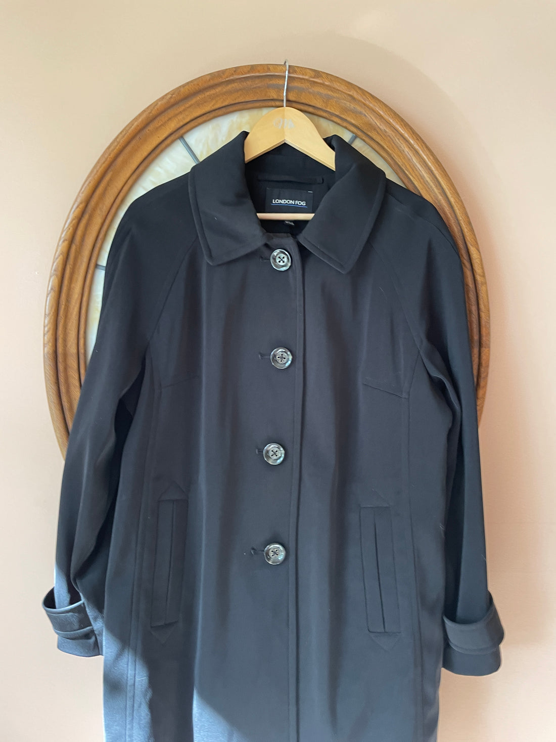 90s Vintage London Fog Black Poly Pockets Button Front Trench Coat   X/L