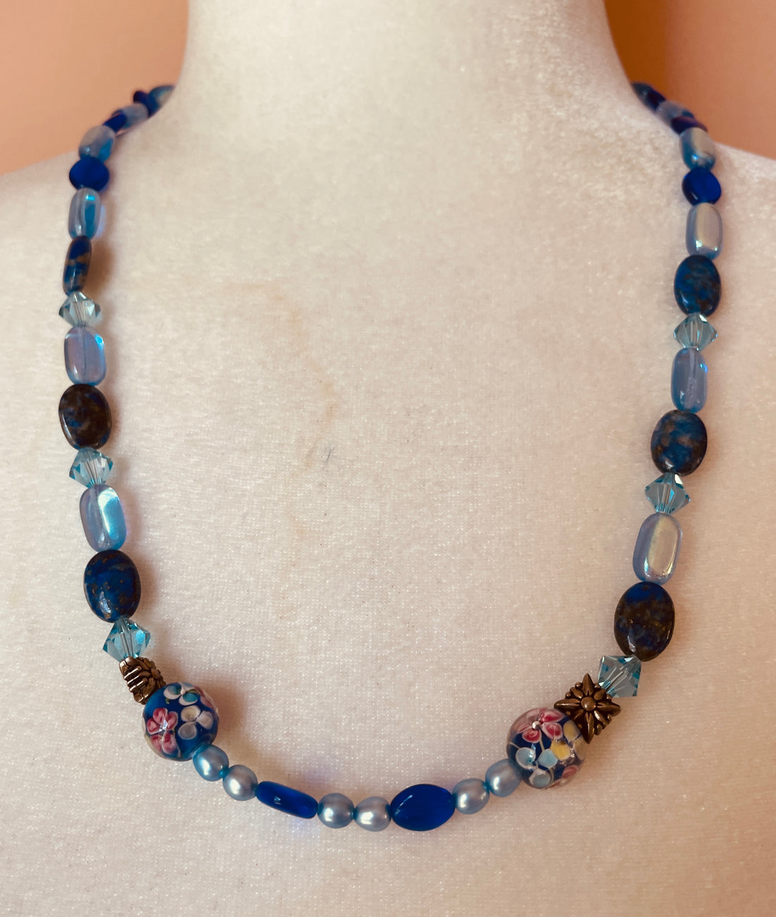 90s Vintage Handcrafted Shades of Blue Glass Beads 2 Millefiore Beads Necklace