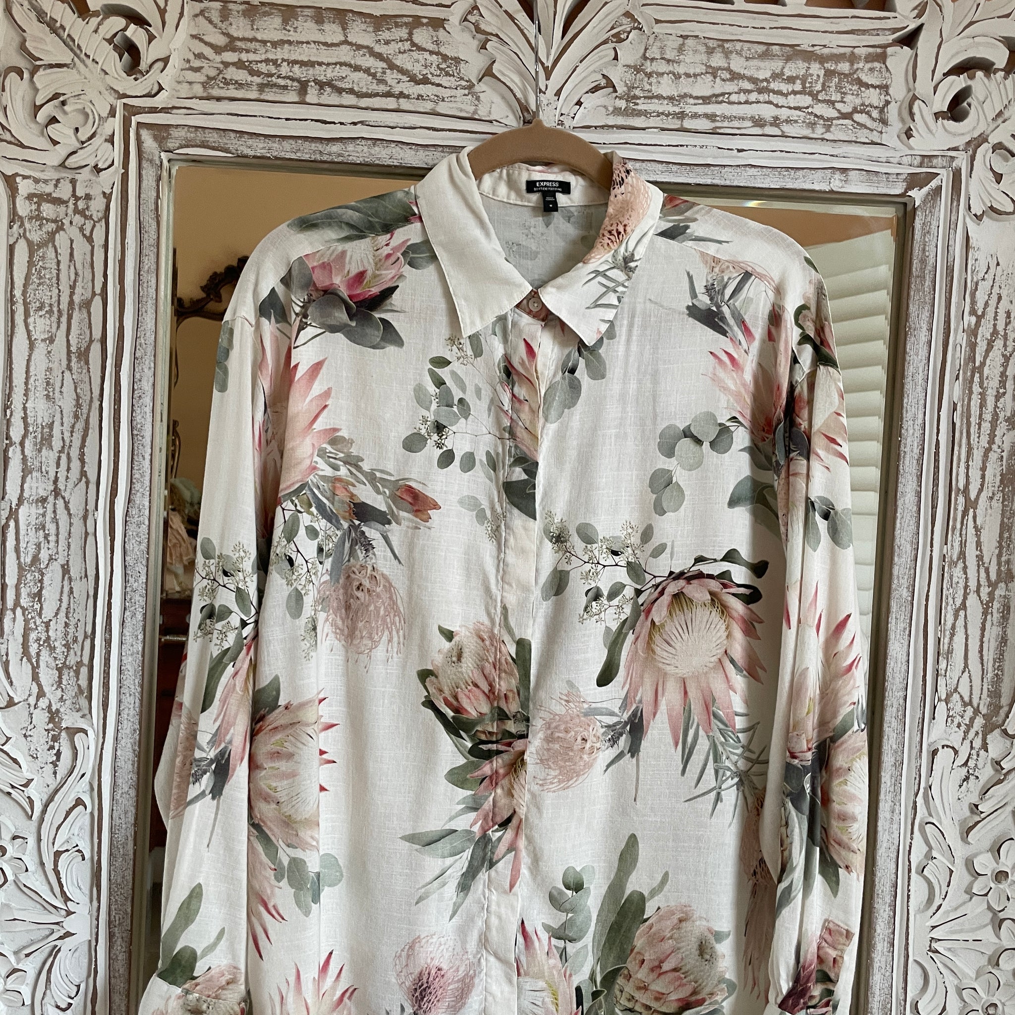 90s Vintage Floral Print Linen Cotton Rayon Blend Button Down Blouse Top M/L
